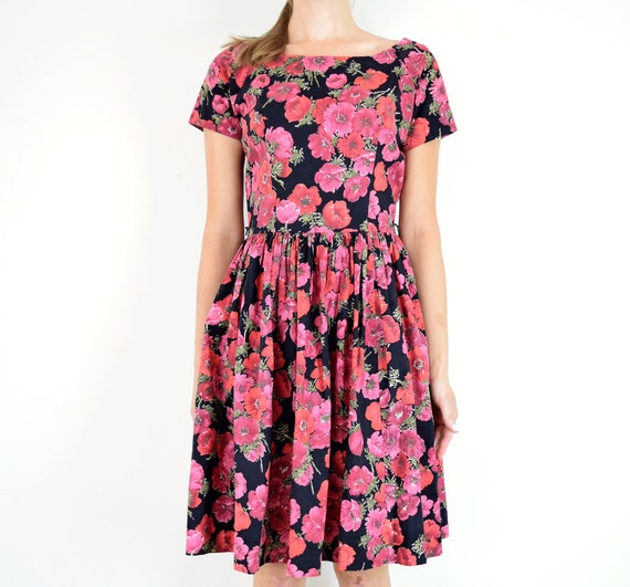 Vintage 1950s Pink and Black Floral Dress XS/S //… - image 2