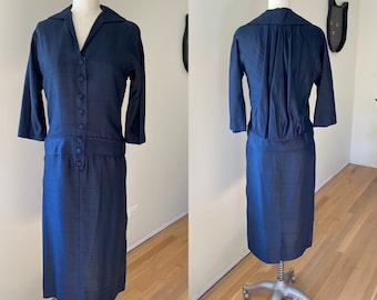 Vintage 1960s Navy blue silk Dress XS // 50s 1960s 60s drop waist // Jonathan Logan mid century extra small