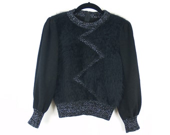 Vintage Zig Zack Black Fur Sweater // 80s XS metallic silver knit angora sparkle top // puff shoulder 1980s