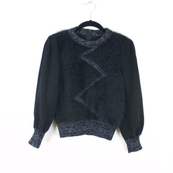 Vintage Zig Zack Black Fur Sweater // 80s XS meta… - image 1