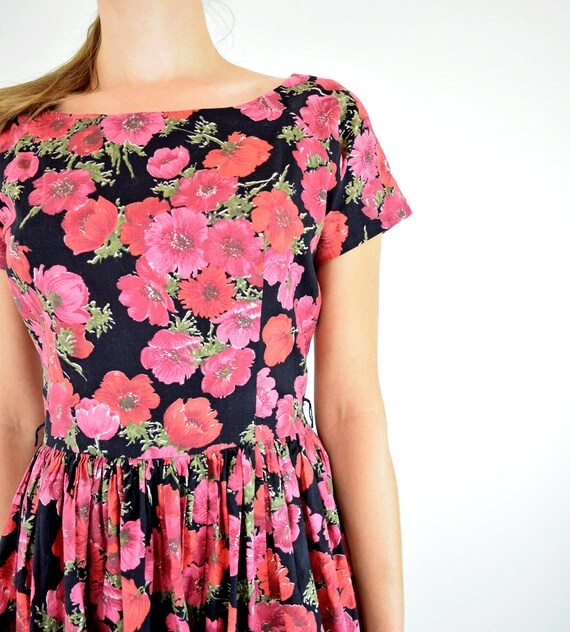 Vintage 1950s Pink and Black Floral Dress XS/S //… - image 8