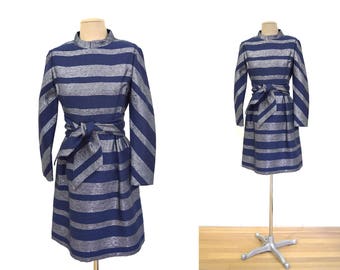 Vintage Navy 60s Mort Schrader Dress S / 1960s Metallic Stripes Dress MOD