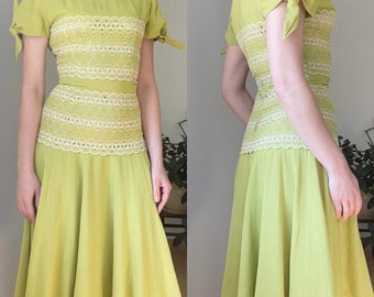 Vintage 1940s Chartreuse Doris Dodson vestido de lino XS // 40s extra pequeño
