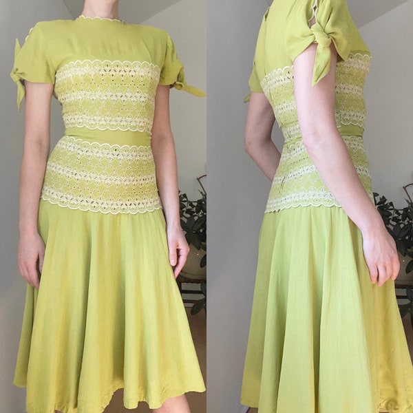Vintage 1940s Chartreuse Doris Dodson linen dress XS // 40s extra small