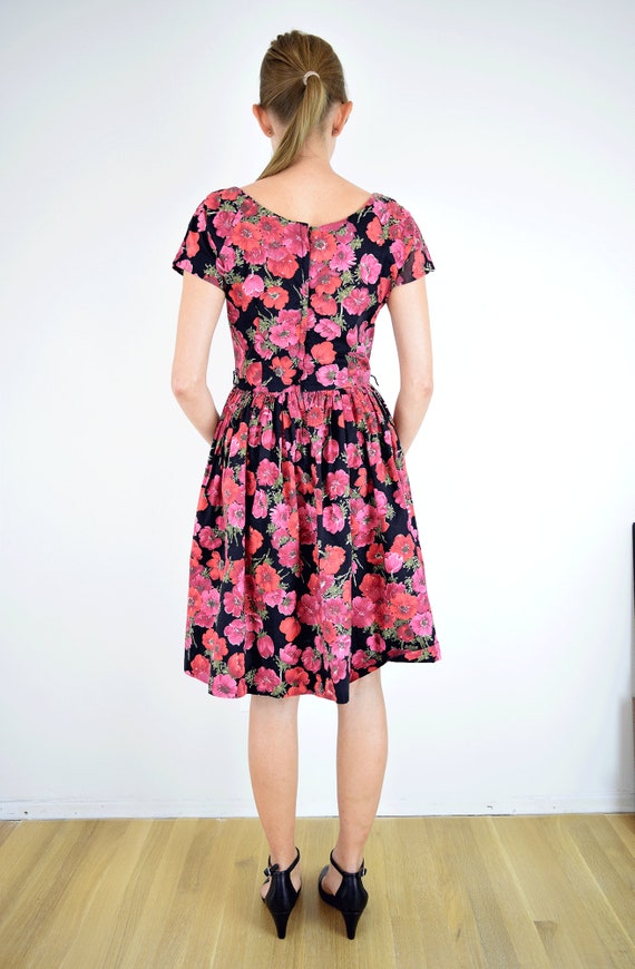 Vintage 1950s Pink and Black Floral Dress XS/S //… - image 5