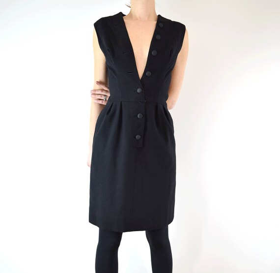 Vintage 1950s Sexy Wool Dress w Pockets S // blac… - image 6