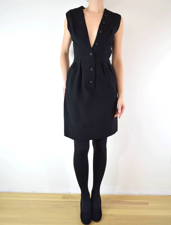 Vintage 1950s Sexy Wool Dress w Pockets S // blac… - image 4