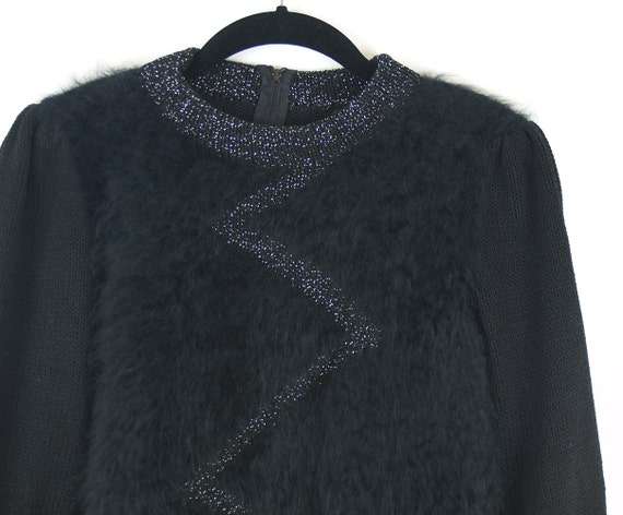 Vintage Zig Zack Black Fur Sweater // 80s XS meta… - image 3
