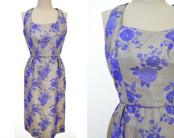 Vintage XS/S- curvy Metallic Floral Cocktail Dress Gold Purple Jacquard 60s Vintage Dress extra small