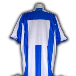 May include: A blue and white striped jersey, likely for a sports team. The jersey has a white central panel with blue stripes on the sides and shoulders. The short-sleeved shirt is displayed on a mannequin.