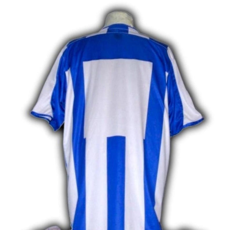 May include: A blue and white striped jersey, likely for a sports team. The jersey has a white central panel with blue stripes on the sides and shoulders. The short-sleeved shirt is displayed on a mannequin.