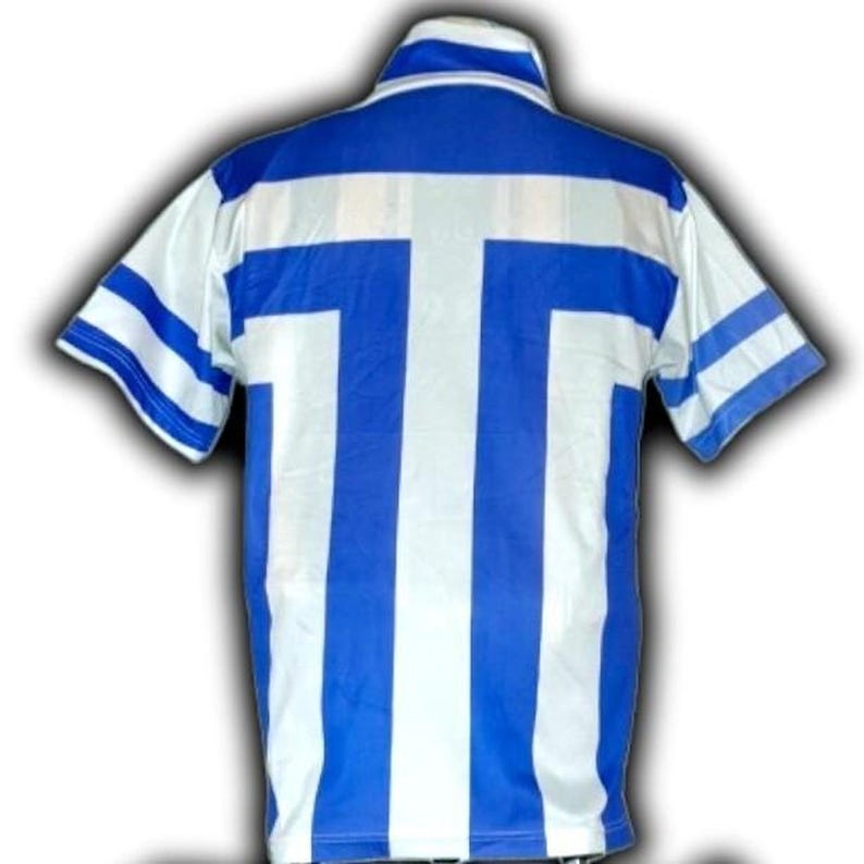 May include: A short-sleeved jersey with a blue and white striped design. The jersey features a blue collar and a large white "T" shape on the back. The sleeves have blue and white stripes.