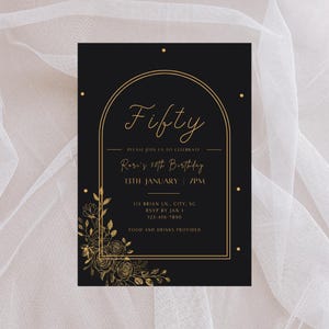50th Birthday Party Invite, Fifty Party Invitation Template, Vintage Editable Printable Invitation, Digital Download, Black and Gold