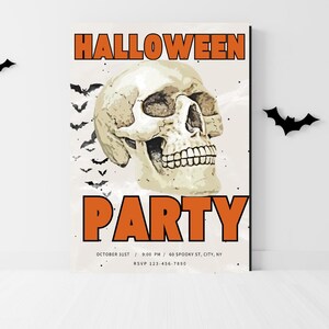 Plantilla de invitación para fiesta de Halloween, invitación para fiesta de Halloween con calaveras, descarga instantánea, editable y espeluznante, invitación con calaveras