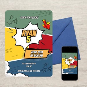 Superhero Birthday Party Invitation Template, Ready for Action Editable Printable Birthday Invite, Instant Digital Download