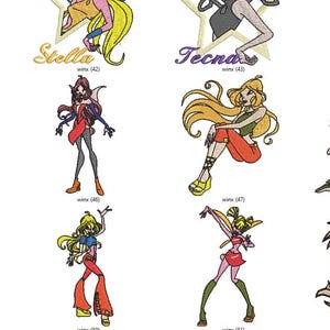 Peut inclure: Écussons brodés représentant des personnages de dessins animés, dont Musa, Stella et Tecna, sur des fonds en forme d'étoiles. Les écussons présentent diverses poses et tenues, avec des couleurs vives et des coutures détaillées. Le mot "winx" est également présent.