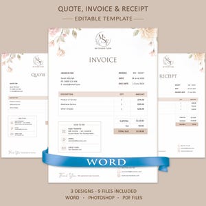 May include: An editable template set for a quote, invoice, and receipt featuring a floral design at the top. The documents include fields for client information, itemized descriptions, payment methods, and the text MY STUDIO FLOW with a logo.
