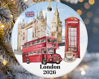London Ceramic Ornament, Watercolor City Icons, Matte Finish, Custom Year