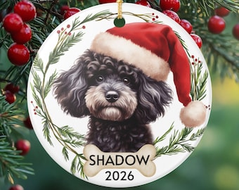 Personalized Black Cavapoo Ceramic Ornament, Santa Hat Portrait, Matte Finish, Custom Name and Year