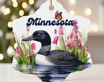 Minnesota keramisk snöflingeprydnad, vanlig lom statsfågel, glansig finish, anpassningsbart år