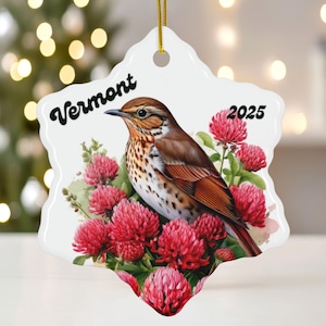 Vermont State Bird Ornament | Hermit Thrush with Clover Design | 2025 Ceramic Christmas Keepsake | Holiday State Pride Gift