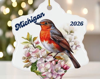 Michigan Snowflake Ornament, American Robin State Bird and Apple Blossom, Glossy Ceramic, Custom Year