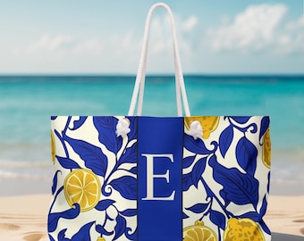 Sacola de praia personalizada Lemon Beach: bolsa de fim de semana mediterrânea com estampa floral azul