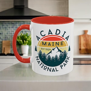Acadia National Park Mug, Maine Souvenir Mug, Ceramic Mug with Colored Handle, National Park Gift, 11oz and 15oz Dishwasher Safe Mug
