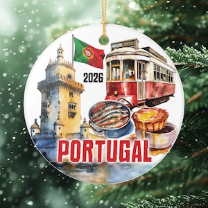 Portugal Ceramic Ornament, Watercolor Travel Icons, Matte Finish, Custom Year
