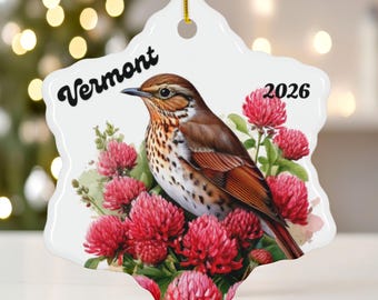 Vermont Snowflake Ornament, Hermit Thrush State Bird and Red Clover, Glossy Ceramic, Custom Year
