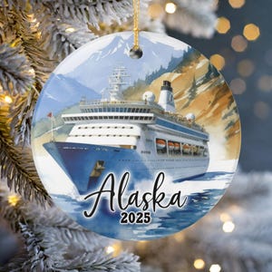 Alaska Cruise Ornament 2025 | Personalized Year | Ceramic Travel Keepsake | Glacier and Mountains Art