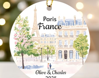 Paris France Ornament | Personalized Name & Year | Ceramic Travel Keepsake | Eiffel Tower Watercolor Holiday Decor