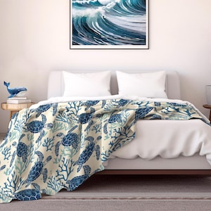 Sea Turtle Velveteen Blanket, Coastal Throw, Ocean Nursery Decor
