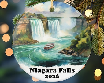Niagara Falls Ceramic Ornament, Watercolor Waterfall Scene, Matte Finish, Custom Year