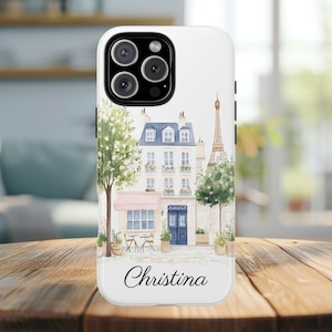 Personalized Parisian Cafe iPhone Case: Watercolor Eiffel Tower MagSafe Compatible