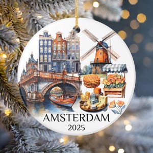 Amsterdam Netherlands Ornament 2025 | Dutch Windmill Stroopwafel Tulip Holiday Keepsake | Ceramic Travel Christmas Gift
