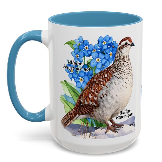 Alaska Souvenir Mug: Willow Ptarmigan & Forget-Me-Not Coffee Cup