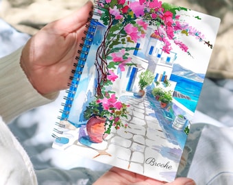 Personalized Santorini Greece Notebook, Floral Path Travel Spiral Journal with Custom Name Stationery