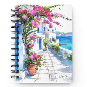 Personalized Santorini Greece Notebook, Spiral Journal with Custom Name and Optional Inside Cover Photo