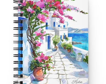 Personalized Santorini Greece Notebook, Spiral Journal with Custom Name and Optional Inside Cover Photo
