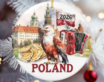 Keramisch ornament uit Polen, collage van Poolse adelaar, pierogi en culturele iconen, op maat gemaakt jaartal