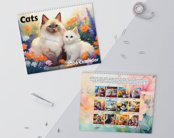 Cats 2026 Wall Calendar, Cat Art Monthly Planner, Hanging Spiral Calendar