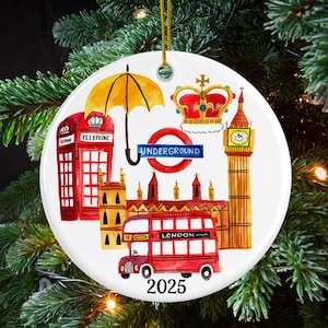London Christmas Ornament 2025, UK Travel Keepsake with Big Ben, Bus & Crown, British Holiday Gift, Matte Ceramic Tree Decoration