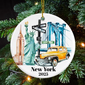 New York City Christmas Ornament - Matte 2025 Travel Keepsake - Statue of Liberty, Brooklyn Bridge, Taxi - NYC Souvenir Gift
