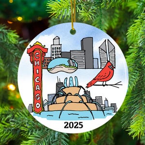 Adorno navideño de Chicago - Recuerdo de viaje mate 2025 - Horizonte, Puerta de las Nubes, Fuente de Buckingham - Regalo de recuerdo de Illinois