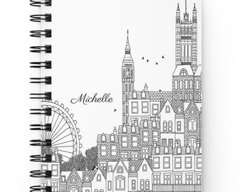 Personalized London Notebook, Big Ben Spiral Journal with Custom Name and Optional Inside Photo
