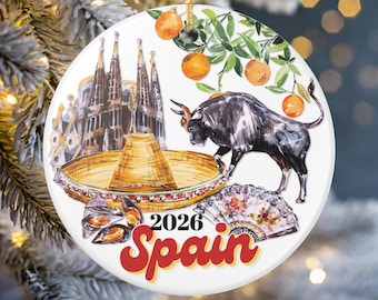 Spain Ceramic Ornament, Watercolor Cultural Icons, Matte Finish, Custom Year
