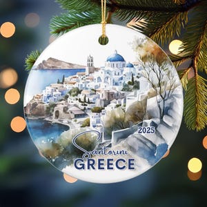 Santorini Greece Ornament 2025 | Personalized Year | Ceramic Travel Keepsake | Blue Dome Coastal View