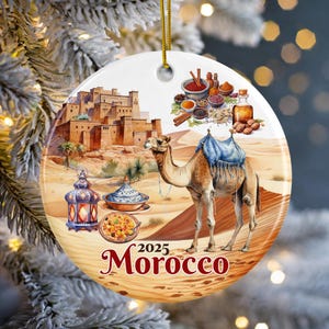 Morocco Christmas Ornament 2025, Moroccan Camel, Desert, and Spice Market, Morocco Vacation Souvenir Holiday Gift with Free Shipping