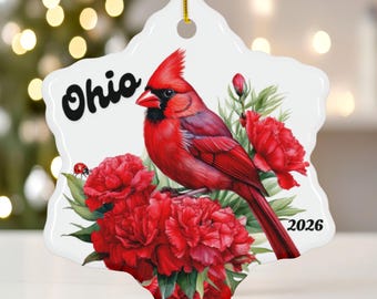 Ohio Snowflake Ornament, Cardinal State Bird and Scarlet Carnation, Glossy Ceramic, Custom Year